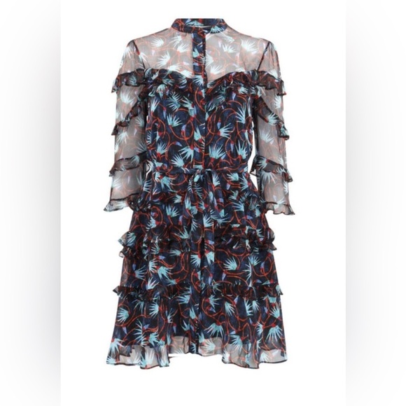 Saloni Tasha 100% Silk Tiered Navy and Red Printed Mini Dress - Picture 4 of 10